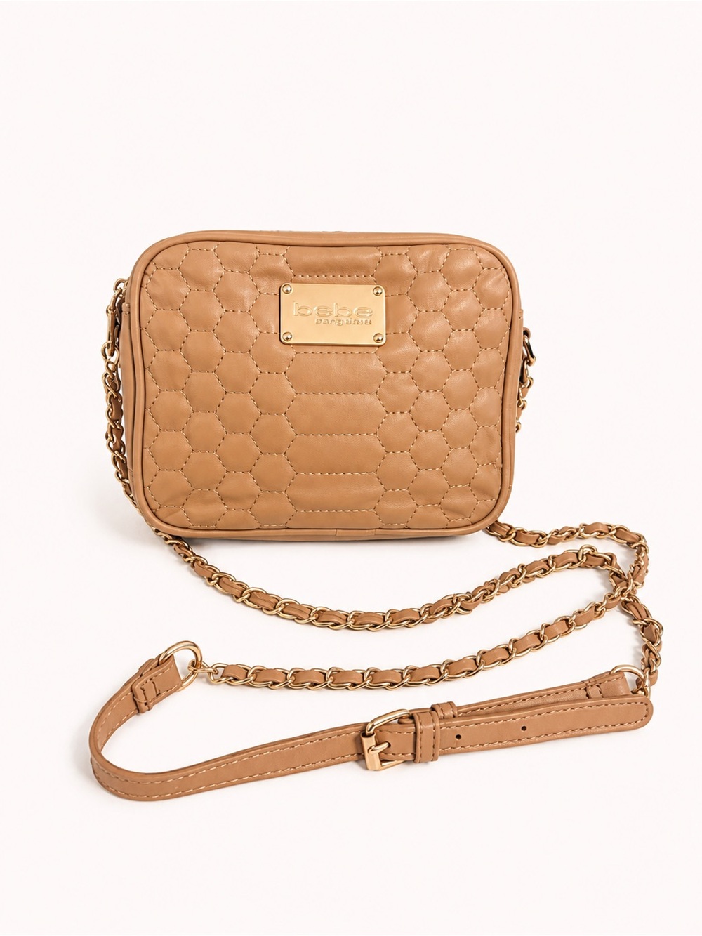 bebe Quilted Honeycomb Taupe Crossbody with Gold Plaque in Excellent Condition